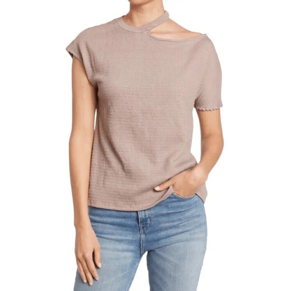 Gibson Look Boxy Pucker Rib Wide Neck Cut Out Top Mocha Size Small b4
